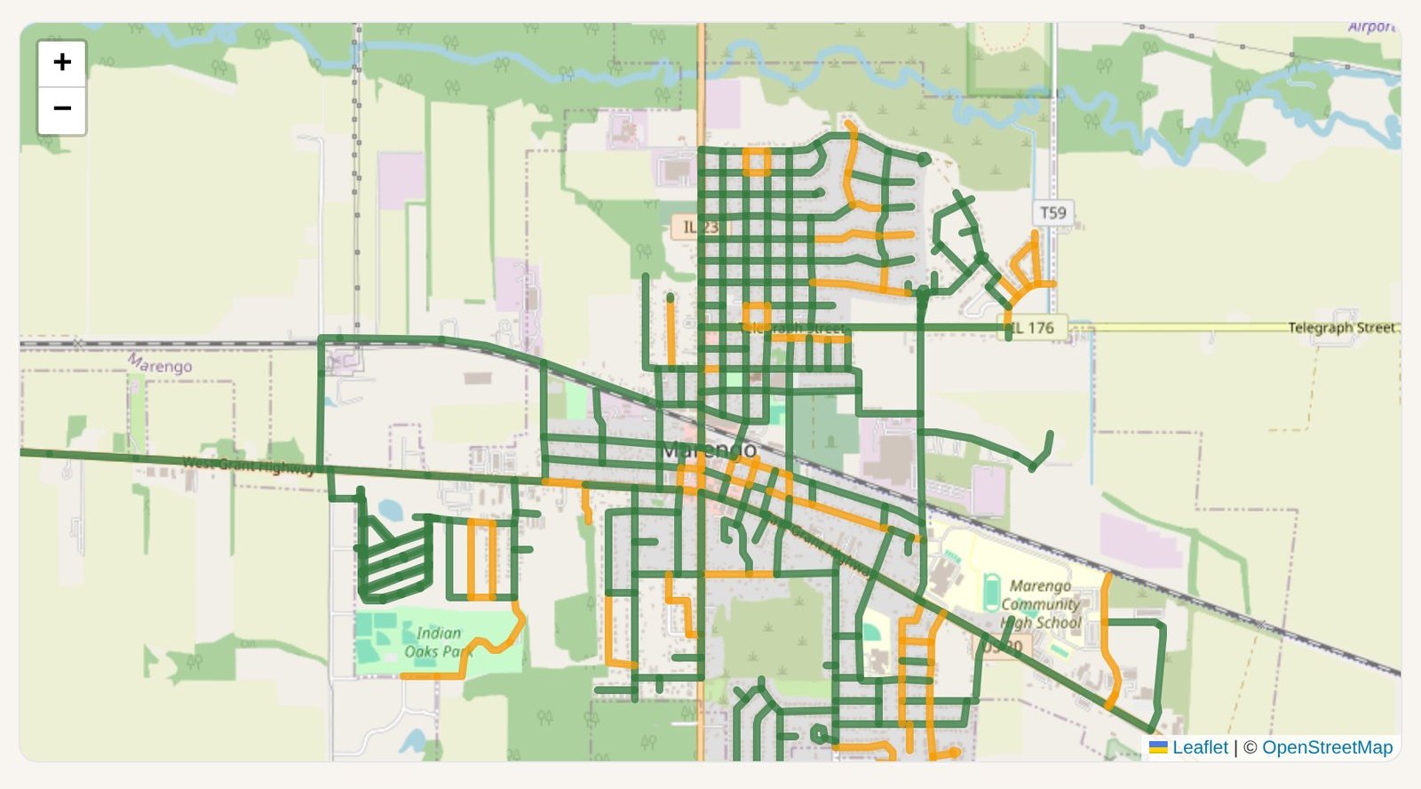 Map of Marengo with street segments colored orange for adopted and green for available