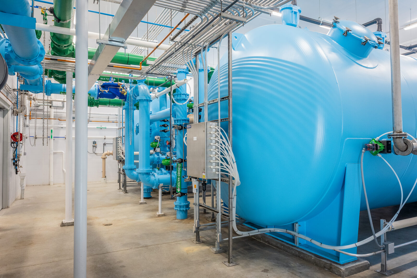 Inside the plant: multi-cell horizontal pressure filters that remove iron, manganese, and radium from Marengo's water supply.