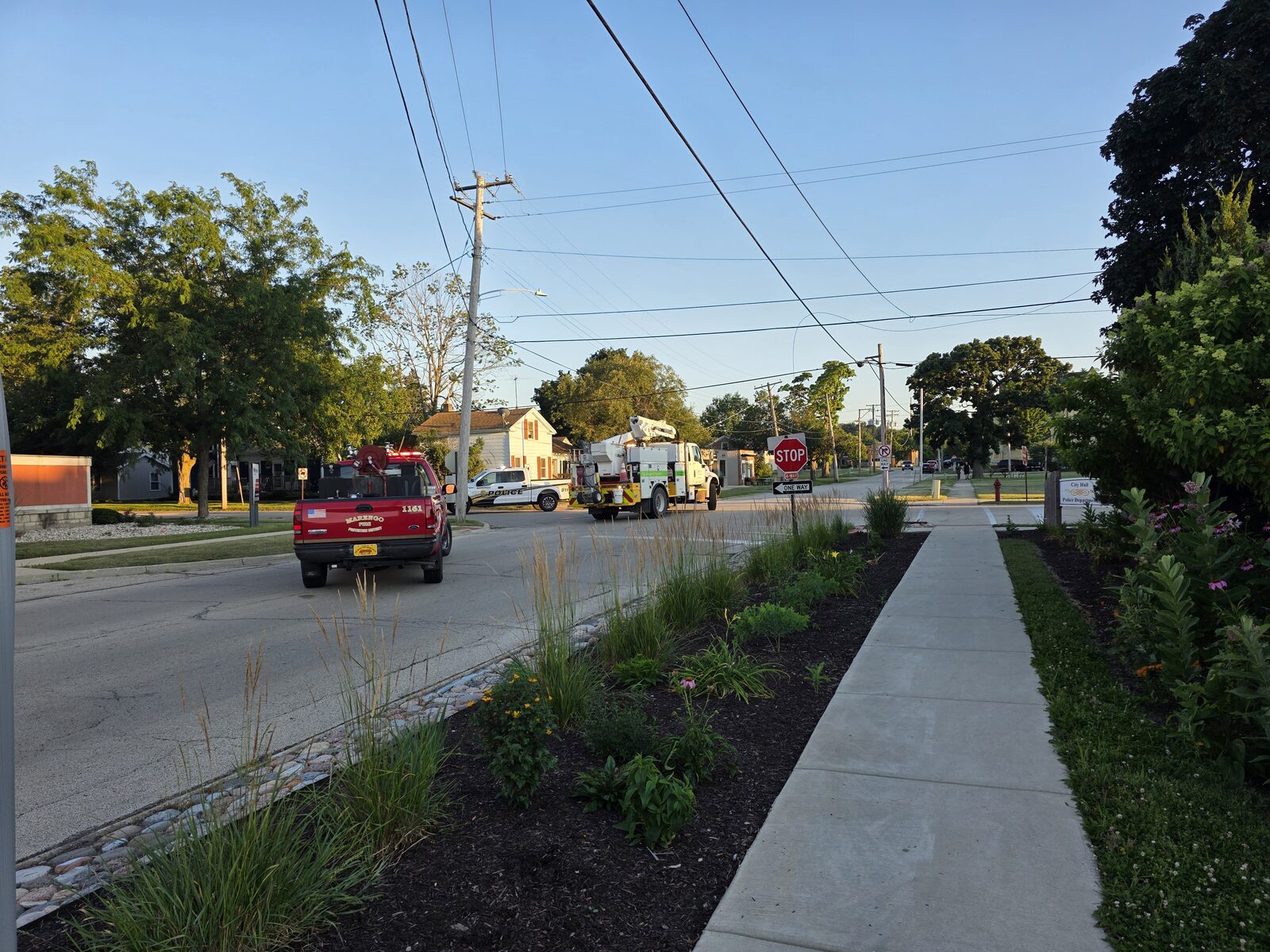 Fire and utility crews outside Marengo City Hall on July 13, when the building lost power during the City Council meeting.
