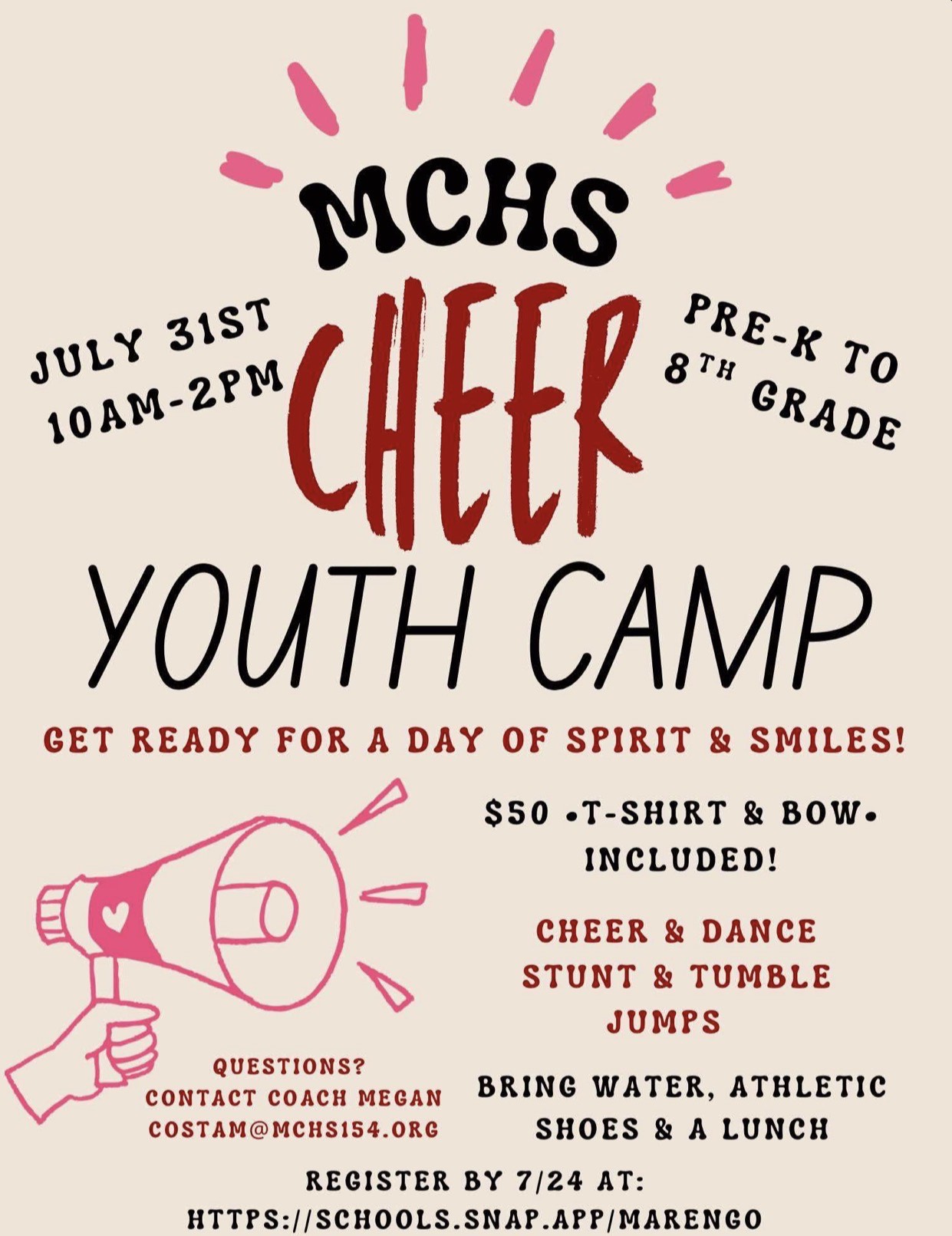 Flyer for the MCHS Cheer Youth Camp on July 31 from 10 a.m. to 2 p.m. at Marengo Community High School, open to pre-K through 8th grade