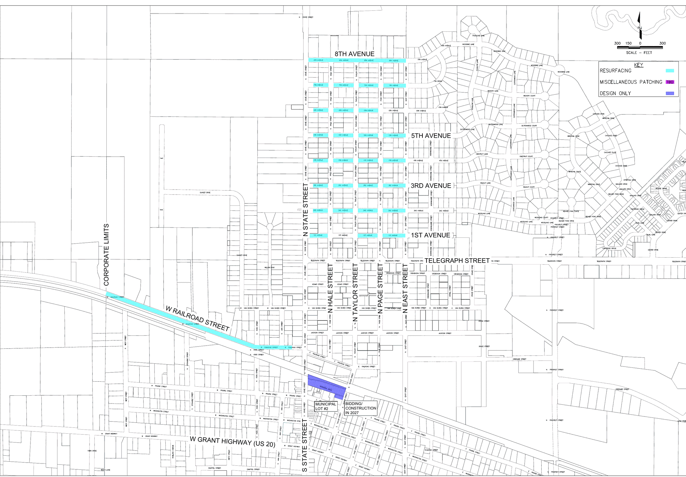 Engineering map of Marengo highlighting streets marked for resurfacing in the 2026 pavement program: the numbered avenues north of Telegraph Street and a stretch of West Railroad Street.