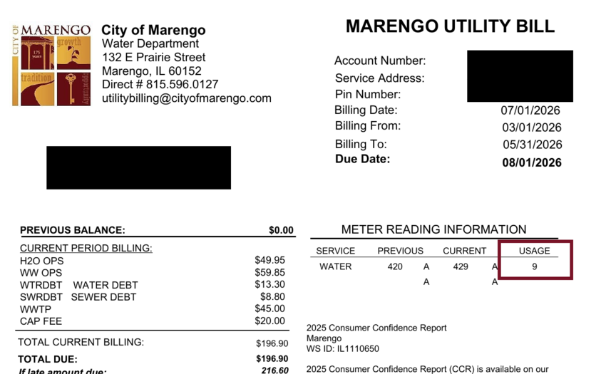 A City of Marengo utility bill with the account holder's personal details blacked out, highlighting where the water Usage figure appears